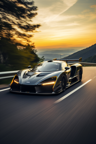 McLaren Senna GTR racing through scenic mountains
