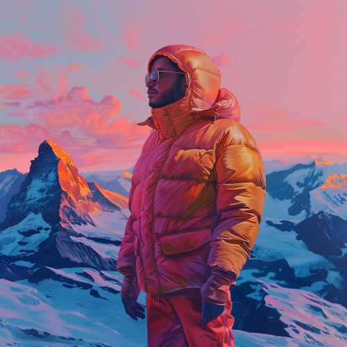 Man Puffy Jacket Mountains Art