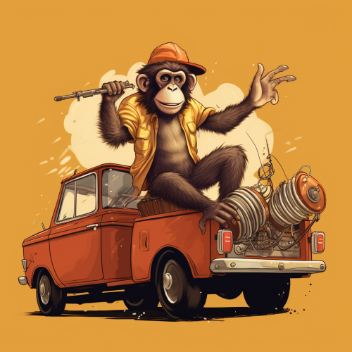 Cartoon monkey drumming on pickup truck