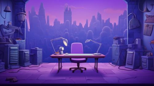 Cartoon purple background with small desks
