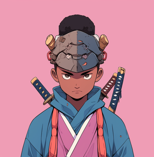 Cartoon samurai wearing bread mask