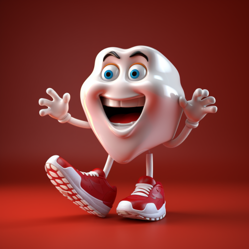 Cartoon tooth character in sneakers on dark red background