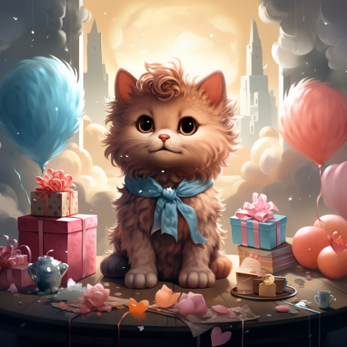 Illustrated cartoon cat dreaming of birthday