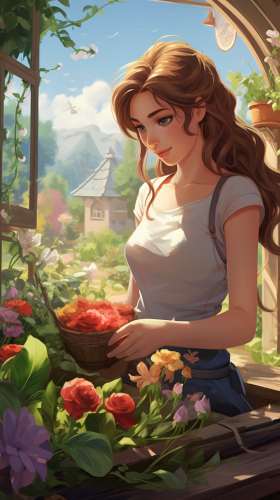 18-year-old woman gardening in a cartoon-style garden