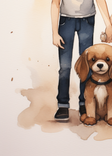 Two people and a dog holding hands