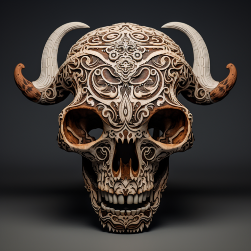 Carved bison skull with henna tattoo-like carvings