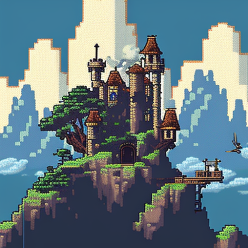 Castle on hill, owlboy pixel art