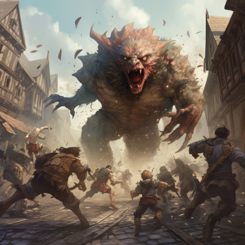 Castlepunk monster attacking adventurers in epic battle