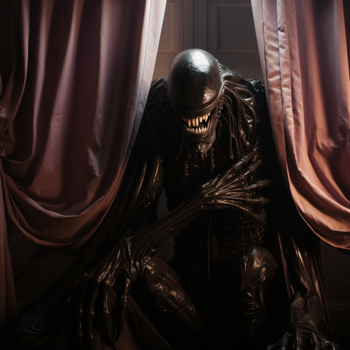 Curious cat-sized xenomorph exploring curtains