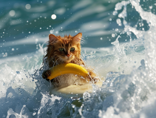 Cat surfing with banana in sea Cat surfing with banana in sea