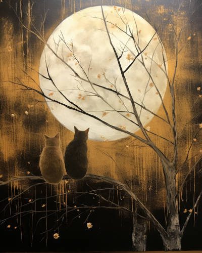 Two cats in a tree watching the moon