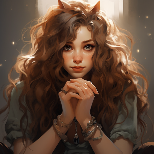 Cat girl with long curly brown hair