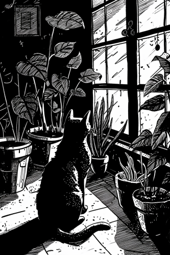 Cat stretching in shadowy room with plants