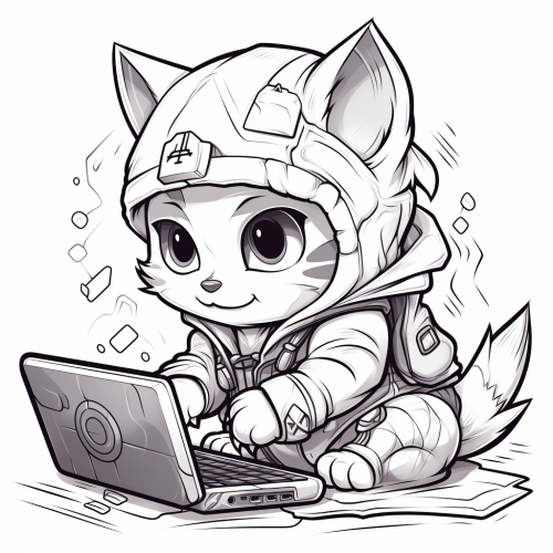 Cartoon cat working on computer