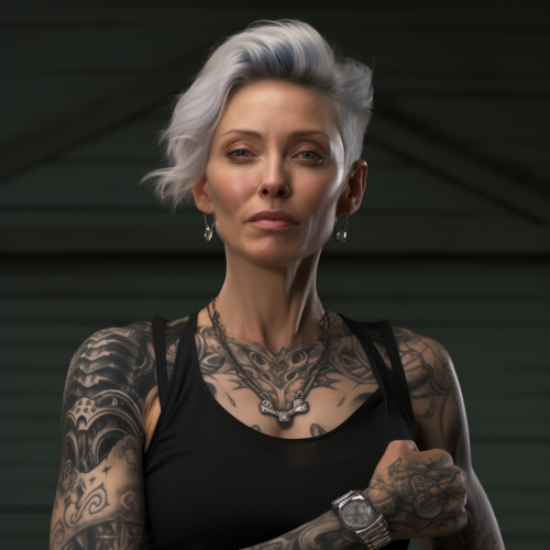 Cate Blanchett with tattoos and leather outfit