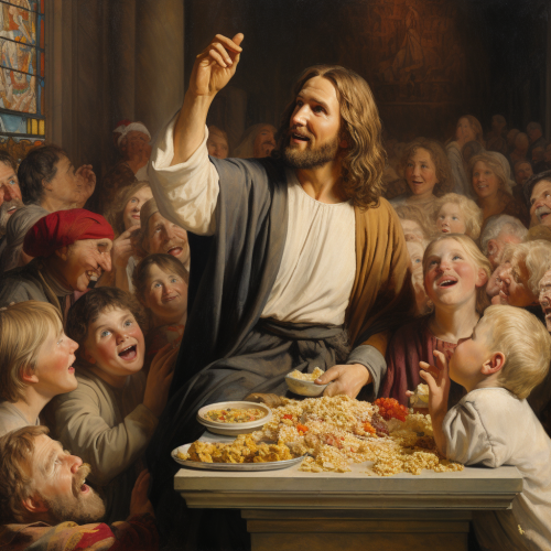 Catholic service in Heidelberg with praying people and smiling Jesus