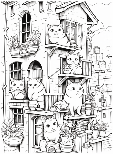 Coloring page of cats on roof