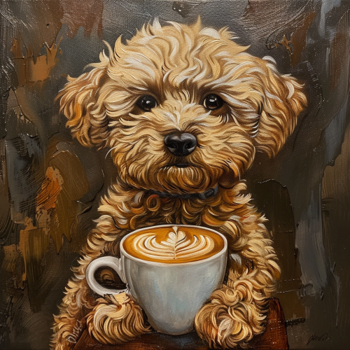 Cavapoo holding coffee cup latte Cavapoo holding coffee cup latte