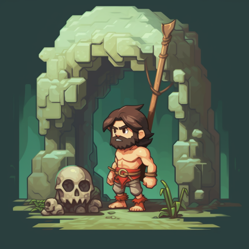 Cute caveman carrying spear leaving cave