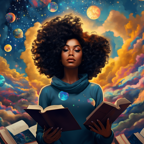 Beautiful black woman surrounded by celestial pop art books