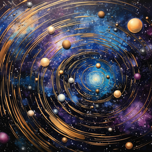Abstract artwork depicting celestial harmony with swirling galaxies