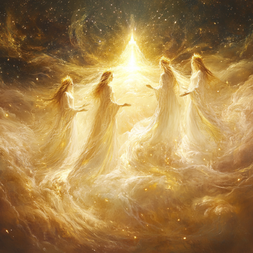 Three reverent women offering golden crowns