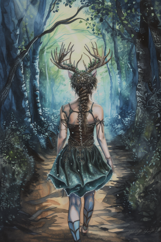 Young female deer in mysterious forest trail