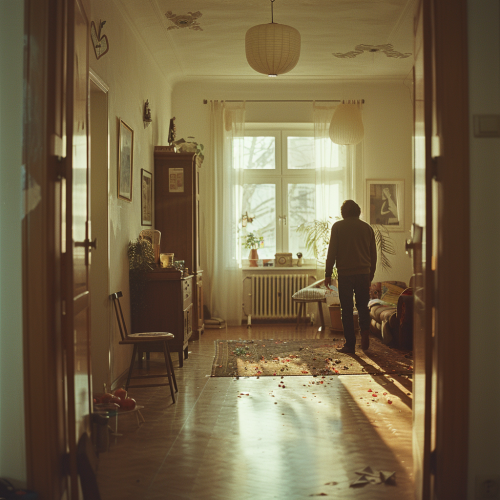 Couple entering apartment in morning sunlight