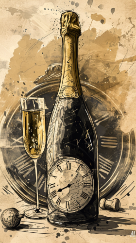 Illustration of champagne bottle and clock for New Year's