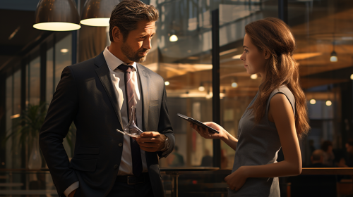 Businessman engaging in office conversation with teammate