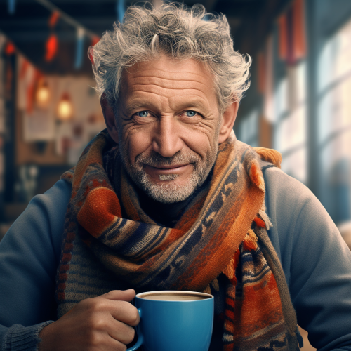 Charismatic man drinking coffee with blue scarf