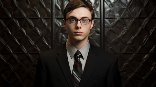 Charlie Munger full body shot brown hair black shoes