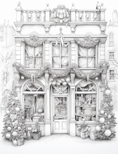 Charming cabin Christmas storefront with presents