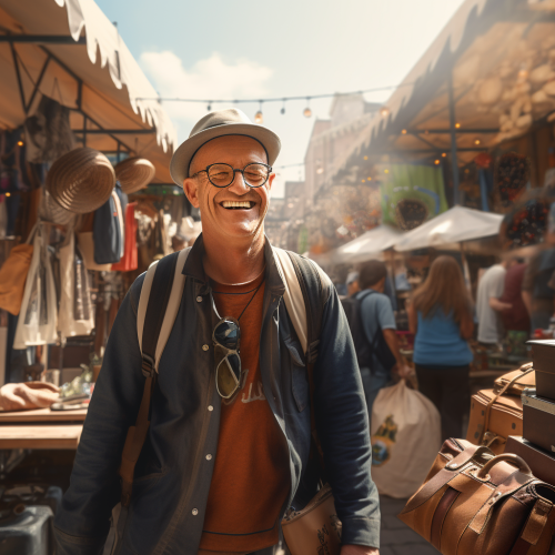 Person walking at flea market with cheerful expression