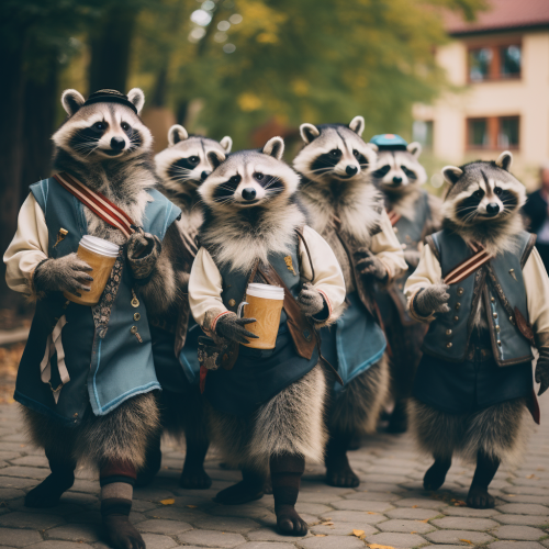 Cheerful raccoons in Bavarian clothing at Oktoberfest