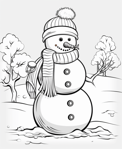Cheerful snowman coloring page with carrot nose and top hat