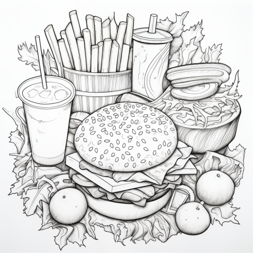 Cheeseburger and fries coloring page