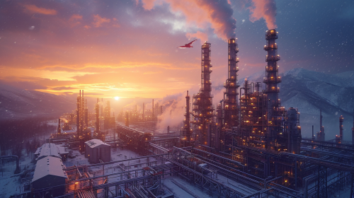 Aerial view chemical plant snowing sunset with dragon