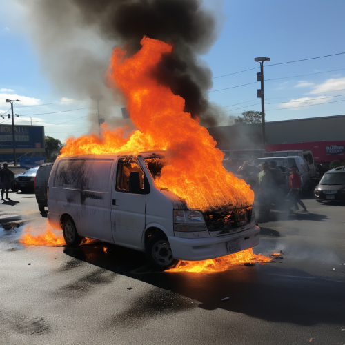 Burning Chevy Van in Parking Lot