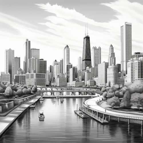 Detailed pencil sketch of Chicago's 3D skyline