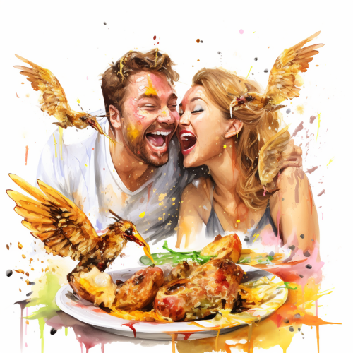 Colorful sketch of chicken wing lovers eating with joy