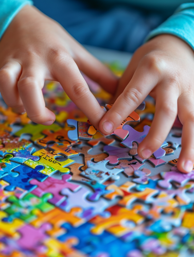 Child's hands selecting puzzle pieces