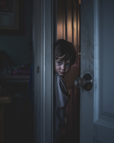 child hiding behind door thriller