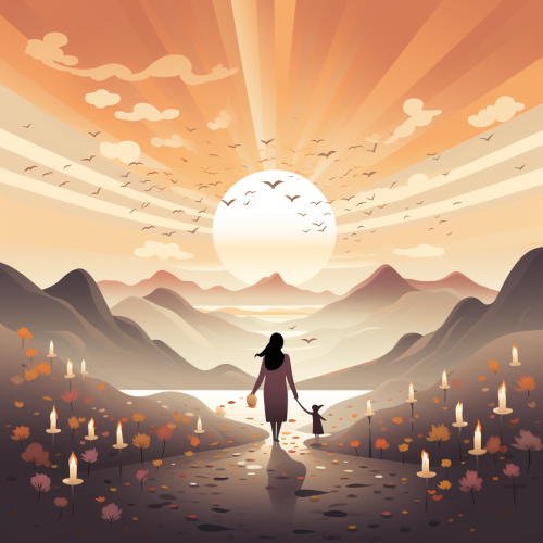 Child standing in changing landscape with lantern