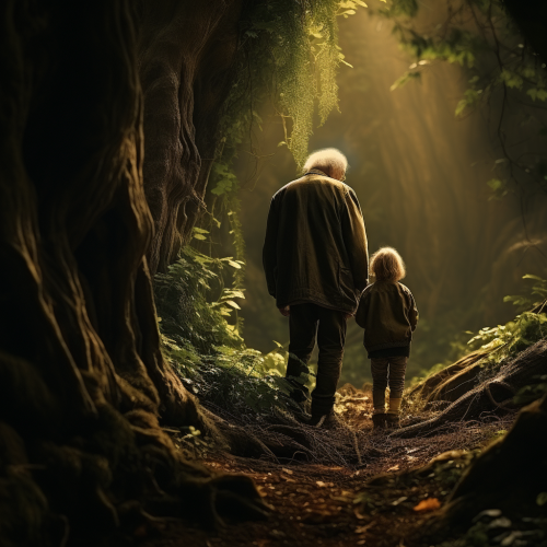 Child meeting old man in forest