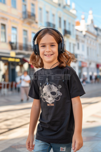Child with gaming headphones walking city street