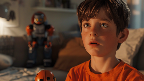 Child talking to action figure toy