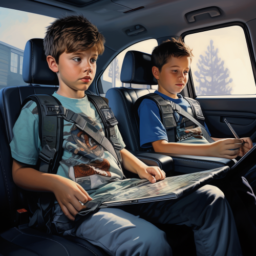 Two children safely strapped in a car