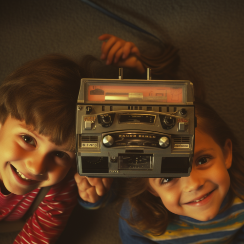 Children podcasting with VHS color noise