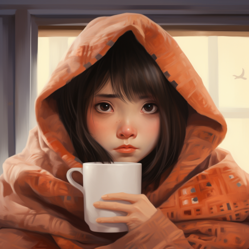 Chinese girl wrapped in a blanket with a red nose
